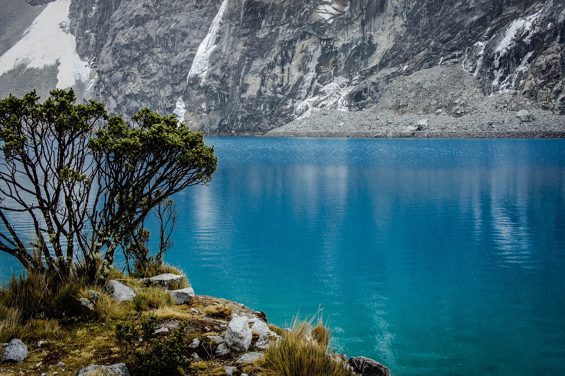Laguna 69 glacial lake beneath Nevado Chacraraju, Peru